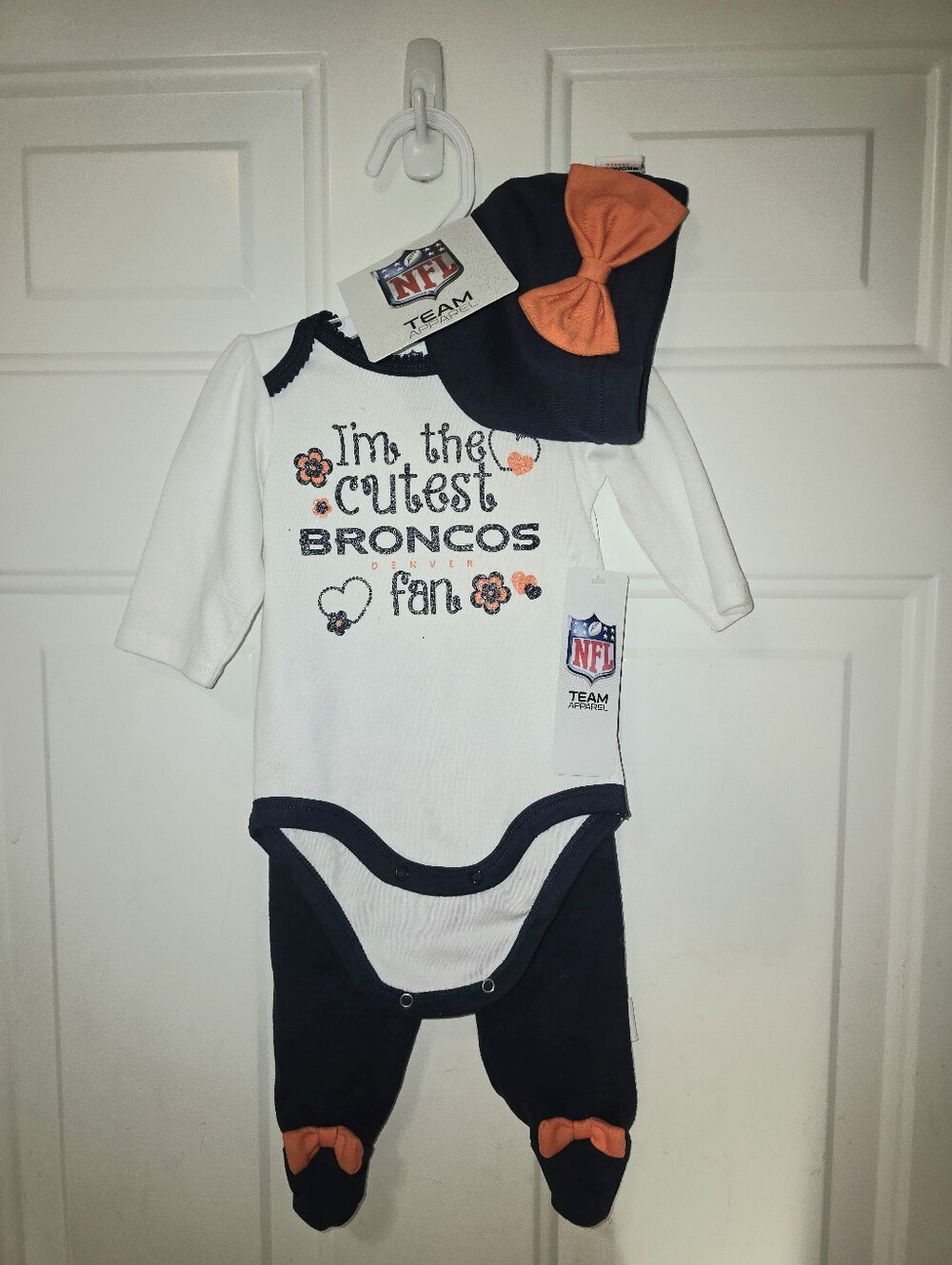 NFL Bronco Team Apparel: New Baby Girl 3 Piece Set (top, pants & hat)